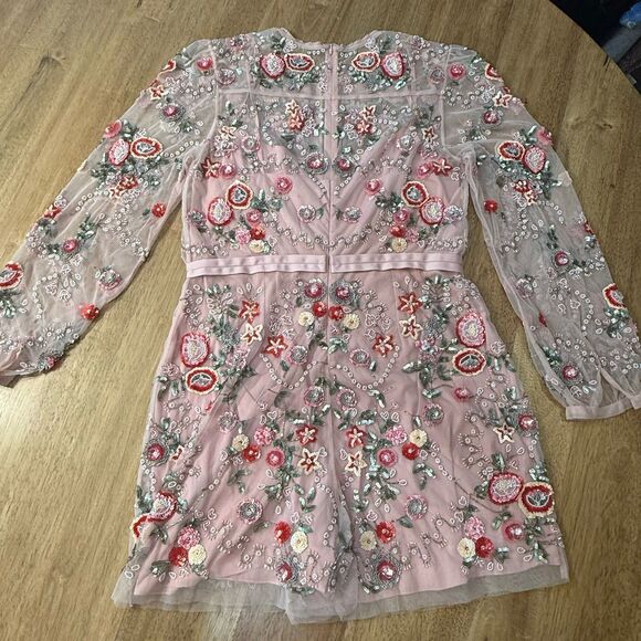 Needle & Thread Meadow Embellished Tulle Playsuit Floral Pink Beaded Romper Sz 6 - Picture 11 of 16